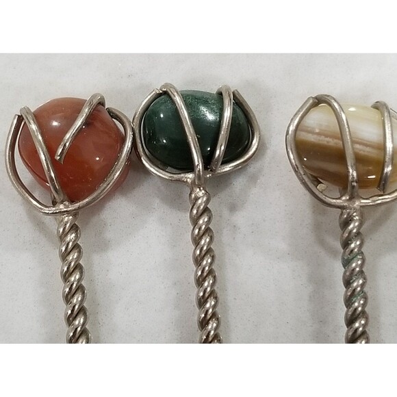 Gemstone polished stoned silver (sterling?plated?)cocktail pick 6 count - Picture 3 of 12